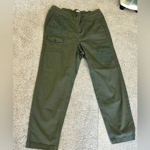 J Jill Olive Green Caraway Embroidered Pants Cargo Boho 18 Stretch